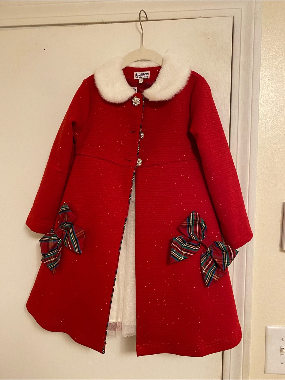Blueberi Boulevard Girls' Red Coat with Faux Fur Collar and Plaid Bows